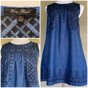 “Honey Punch” Denim Dark Chambray Mini Dress with Embroidery size S